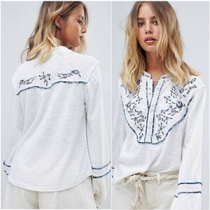 Free People Sundance Embroidered Henley Blouse Top Size Medium Bohemian Coastal